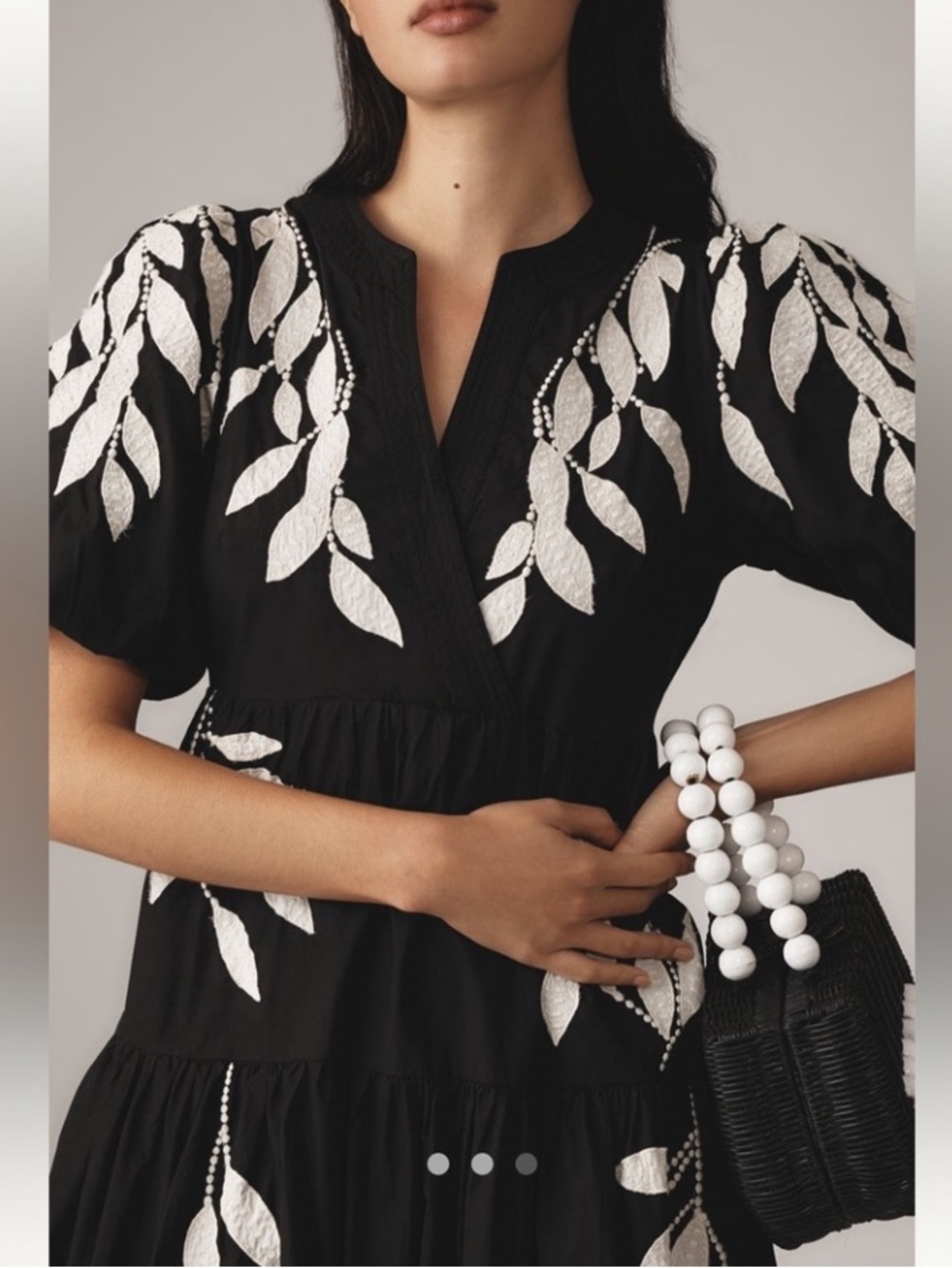 Anthropologie Black Midi Dress with White Leaf Embroidery - Picture 2 of 8